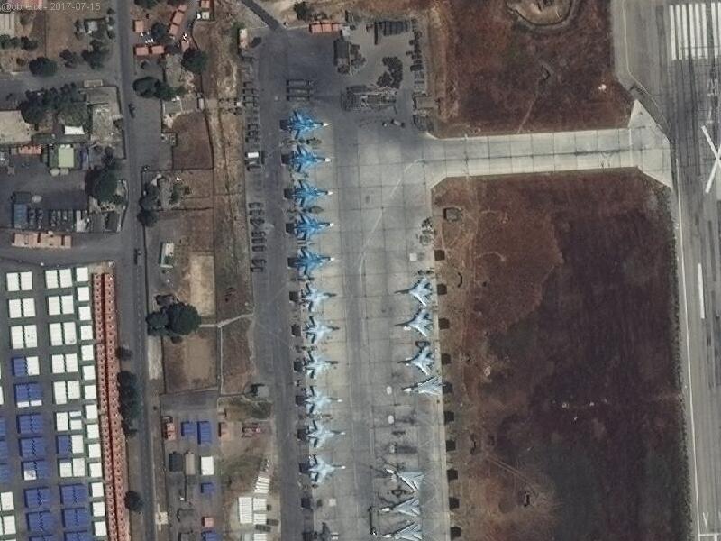 latest sat image 15 Jul 2017 shows 33 jets at the Russian Air Base in Latakia 11 Su-24, 3 Su-25, 3+6 Su-2735, 4 Su-30 and 6 Su-34