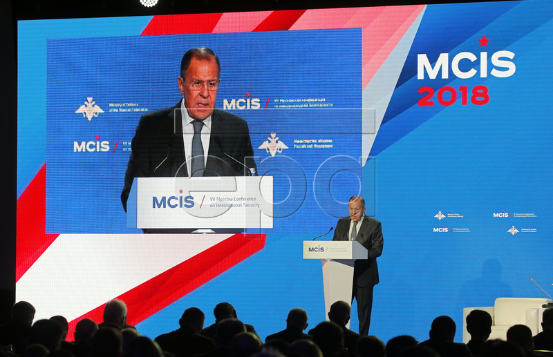epaselect epa06646442 Russian Foreign Minister Sergei Lavrov delivers a speech during the 7th Moscow Conference on International Security (MCIS) in Moscow, Russia, 05 April 2018. During the conference, the Russian delegation will share their experience on combating elements of the so-called Islamic State (or IS or ISIL) and provide information on including post-conflict rehabilitation in the Middle East. The conference, organized by the Ministry of Defense of the Russian Federation, runs from 04 to 05 April 2018.  EPA-EFE/YURI KOCHETKOV