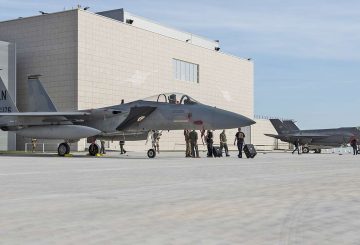 An F-15C Eagle assigned to the 493rd Fighter Squadron, and an Italian F-35A Lightning assigned to the 32nd Stormo, are put on display for a media event during the NATO Tactical Leadership Programme 18-4 at Amendola Air Base, Italy, Nov. 30, 2018. This event marks the first time the course has been held in Italy, from its normal host location at Albacete Air Base, Spain. (U.S. Air Force photo/ Senior Airman Malcolm Mayfield)