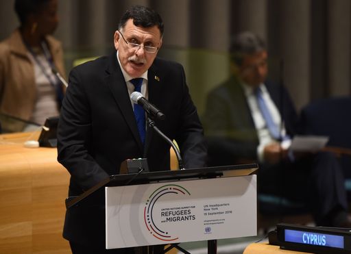 Fayez Mustafa al-Sarraj, Chairman of the Presidential Council of Libya and prime minister of the Government of National Accord of Libya, speaks during the High-level plenary meeting on addressing large movements of refugees and migrants in the Trusteeship Council Chamber during the 71st session of the United Nations in New York September 19, 2016. A summit to address the biggest refugee crisis since World War II opens at the United Nations on Monday, overshadowed by the ongoing war in Syria and faltering US-Russian efforts to halt the fighting. World leaders will adopt a political declaration at the first-ever summit on refugees and migrants that human rights groups have already dismissed as falling short of the needed international response. / AFP PHOTO / TIMOTHY A. CLARY