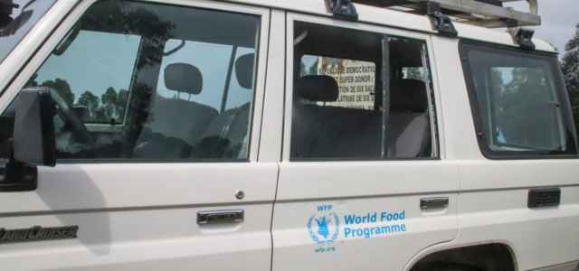 The vehicle in which the Italian ambassador to Congo was killed, according to those at the scene, sits with a smashed window in Nyiragongo, North Kivu province, Congo Monday, Feb. 22, 2021. The Italian ambassador to Congo Luca Attanasio, an Italian carabineri police officer and their Congolese driver were killed Monday in an attack on a U.N. convoy in an area that is home to myriad rebel groups, the Foreign Ministry and local people said. (AP Photo/Justin Kabumba)