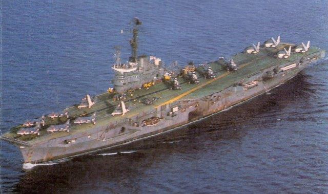 INS_Vikrant_circa_1984_carrying_a_unique_complement_of_Sea_Harriers,_Sea_Hawks,_Allouette_&_Sea_King_helicopters_and_Alize_ASW