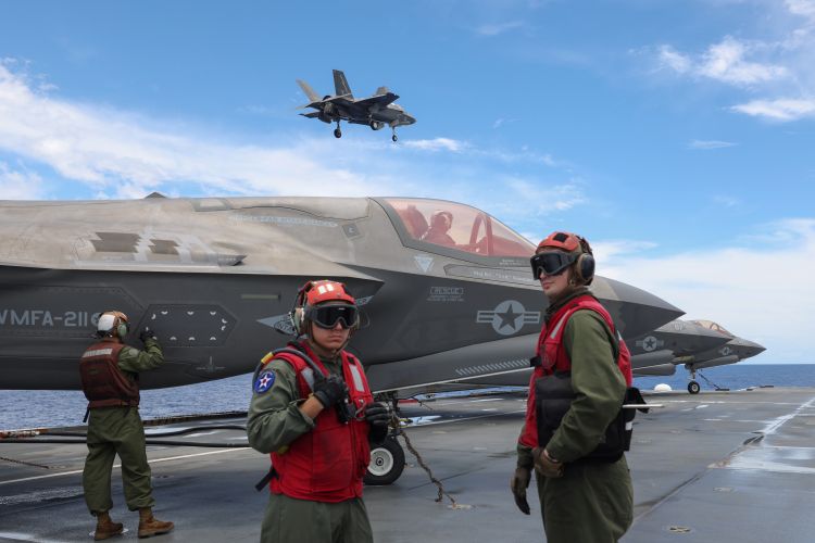 F35B Lightning Jet pilots of 617 Squadron conducts a fly pass HMS Queen Elizabeth 20210814 Credit MOD Crown Copyright