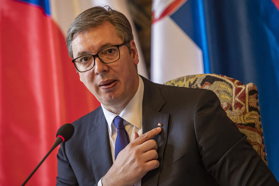 epa09208386 Serbian President Aleksandar Vucic talks to media at press conference after meeting with Czech President Milos Zeman at Prague Castle in Prague, Czech Republic, 18 May 2021. Vucic is on three-day state visit to Czech Republic. EPA-EFE/MARTIN DIVISEK