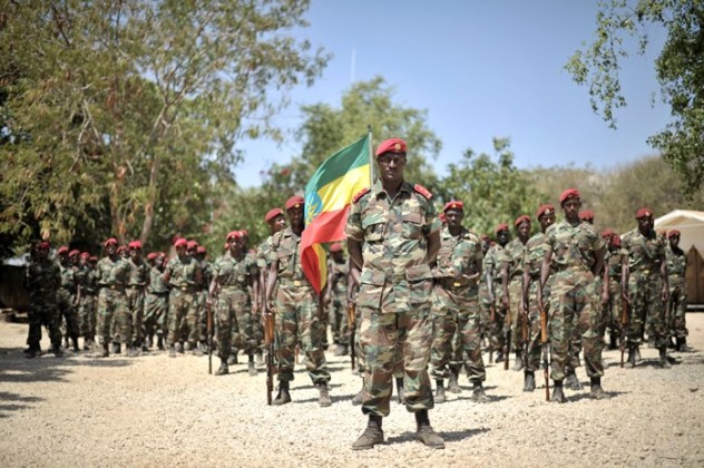 Members of the Ethiopian National Defense Forces stand in formation during a ceremony in Baidoa, Somalia, to mark the inclusion of Ethiopia into the African Union peace keeping mission in the country on January 22. AU UN IST PHOTO / Tobin Jones